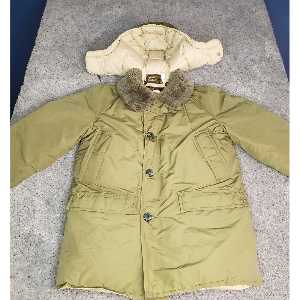 Vintage Eddie Bauer Jacket Mens Large Green Goose Down Puffer Hooded Hunting